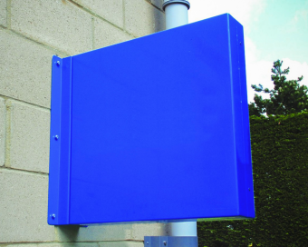 Side view of a projecting tray sign